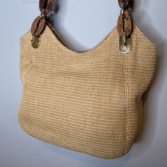 MICHAEL KORS STRAW SHOULDER BAG W/ REPTILE LEATHER TRIM GOLD TONE HARDWARE Boho - Picture 3 of 10